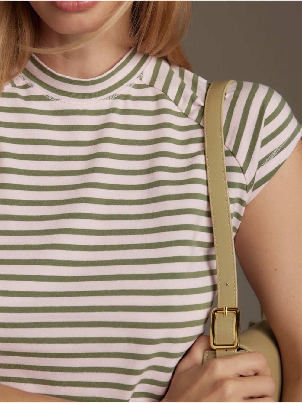 Pilcro Olive Green and Blush Pink Striped Cap-Sleeve Tee Size L Anthropologie